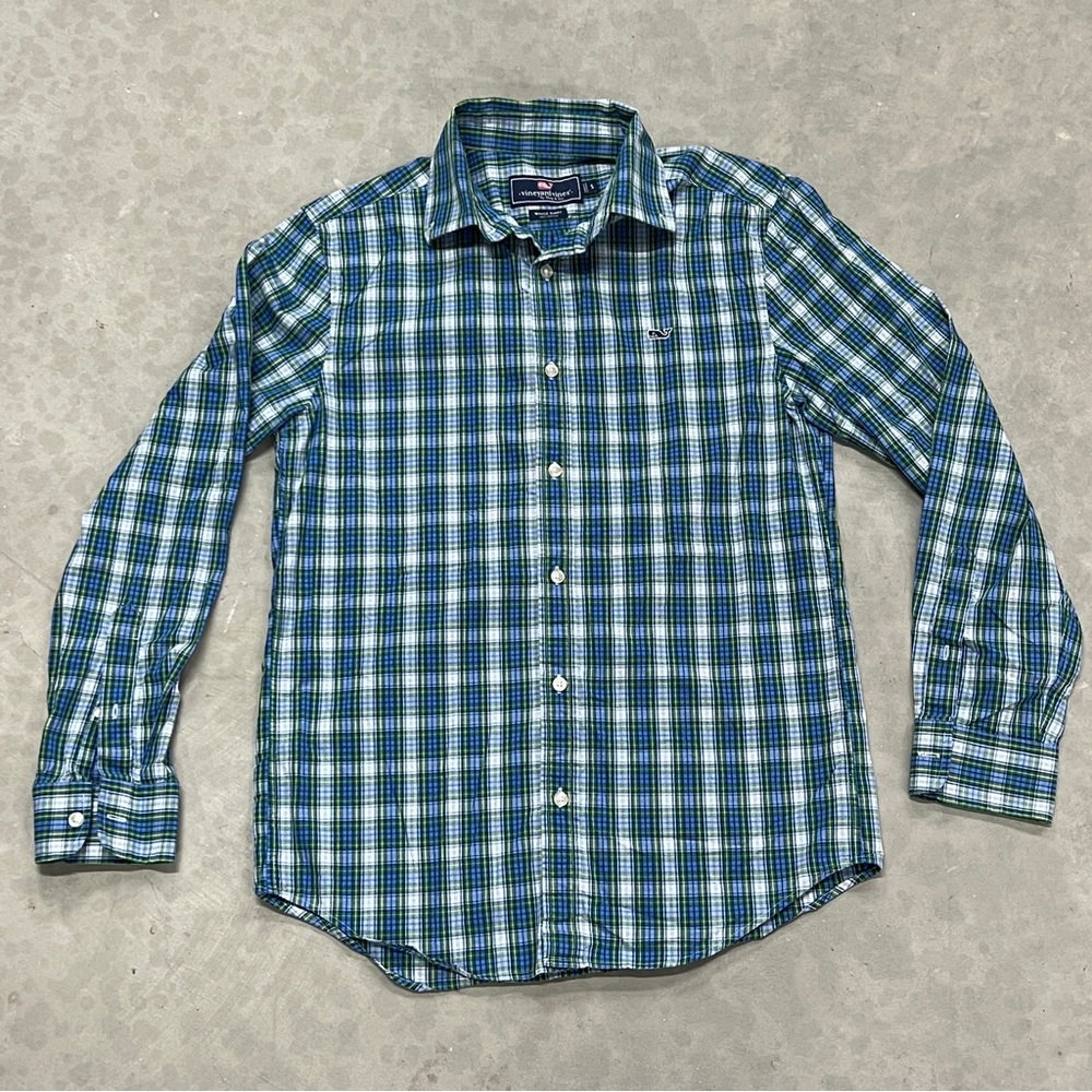 Vineyard Vines Shirt Mens Size S Blue Green Plaid Whale Button Up Long Sleeve